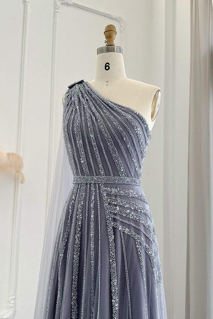 Edgynewlook Stunning Gray One Shoulder A Line Prom Dress Appliques With Ruffles