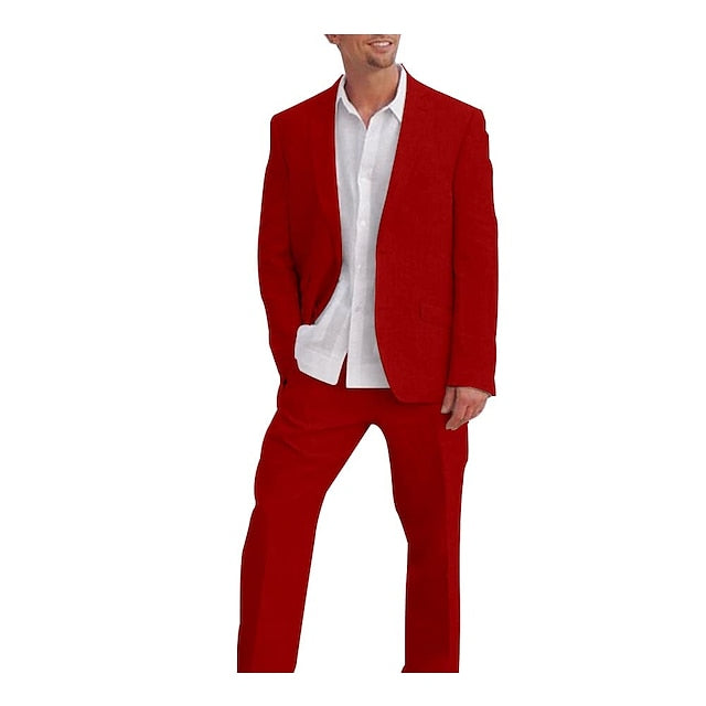 Men's Tailored Fit Single Breasted Two-buttons 2 Pieces Solid Colored Linen Suits