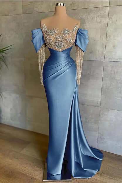 Pink Off-The-Shoulder Front Split Mermaid Long Sleeves Prom Dress Beadings With Appliques ED0148