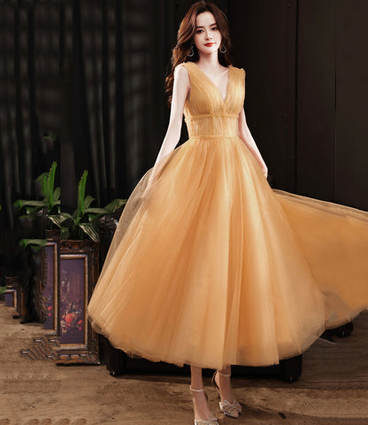 Yellow v neck tulle short prom dress homecoming dress  8982