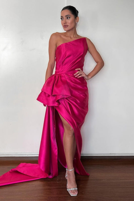 edgynewlook Simple Fuchsia Satin Strapless Sleeveless Long Split Prom Dress with Pleated