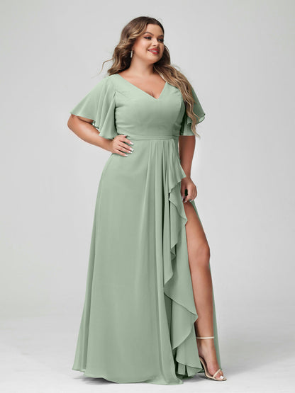 A-Line/Princess V-Neck Half Sleeves Chiffon Plus Size Bridesmaid Dresses with Split Side & Ruffles