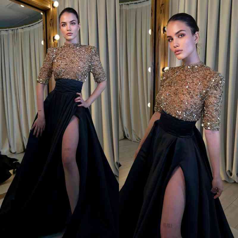 Black And Champagne Prom Dress Long Sleeves Mermaid Slit ED0628