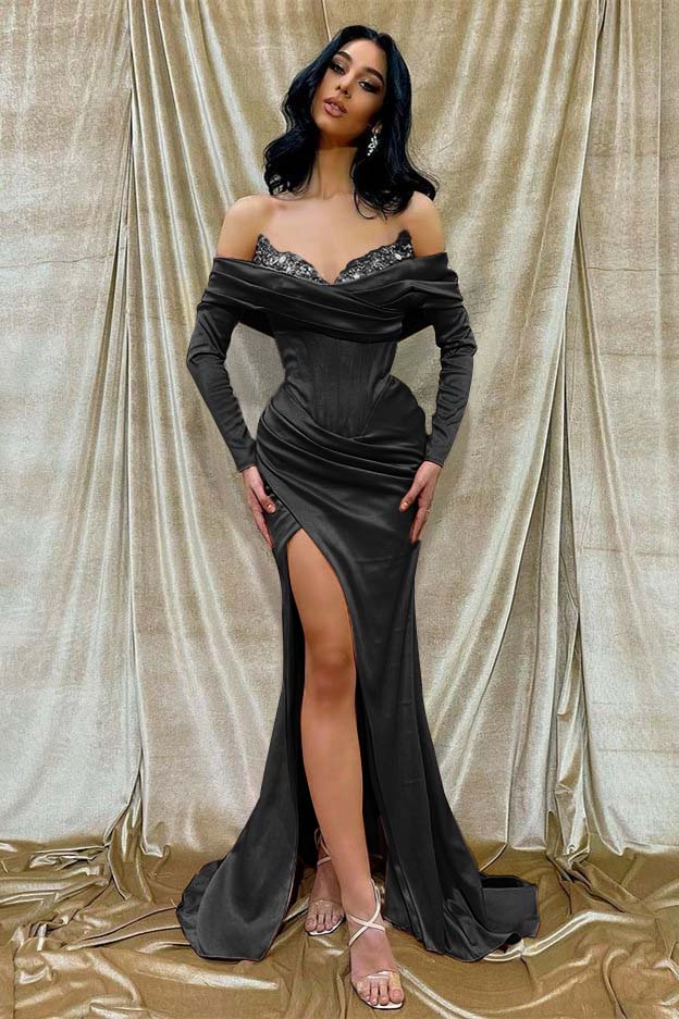 Off-The-Shoulder Long Sleeves Front Split Mermaid Prom Dress With Sequins PD0808