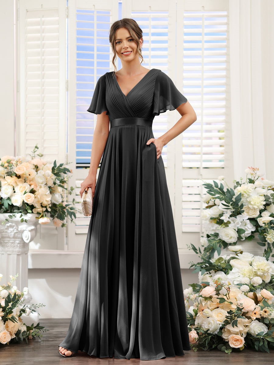 A-Line/Princess V-Neck Short Sleeves Chiffon Bridesmaid Dresses with Pockets