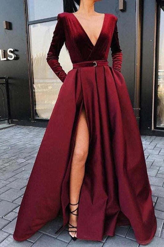 Long Sleeves Burgundy Prom Dress With Split PD0156