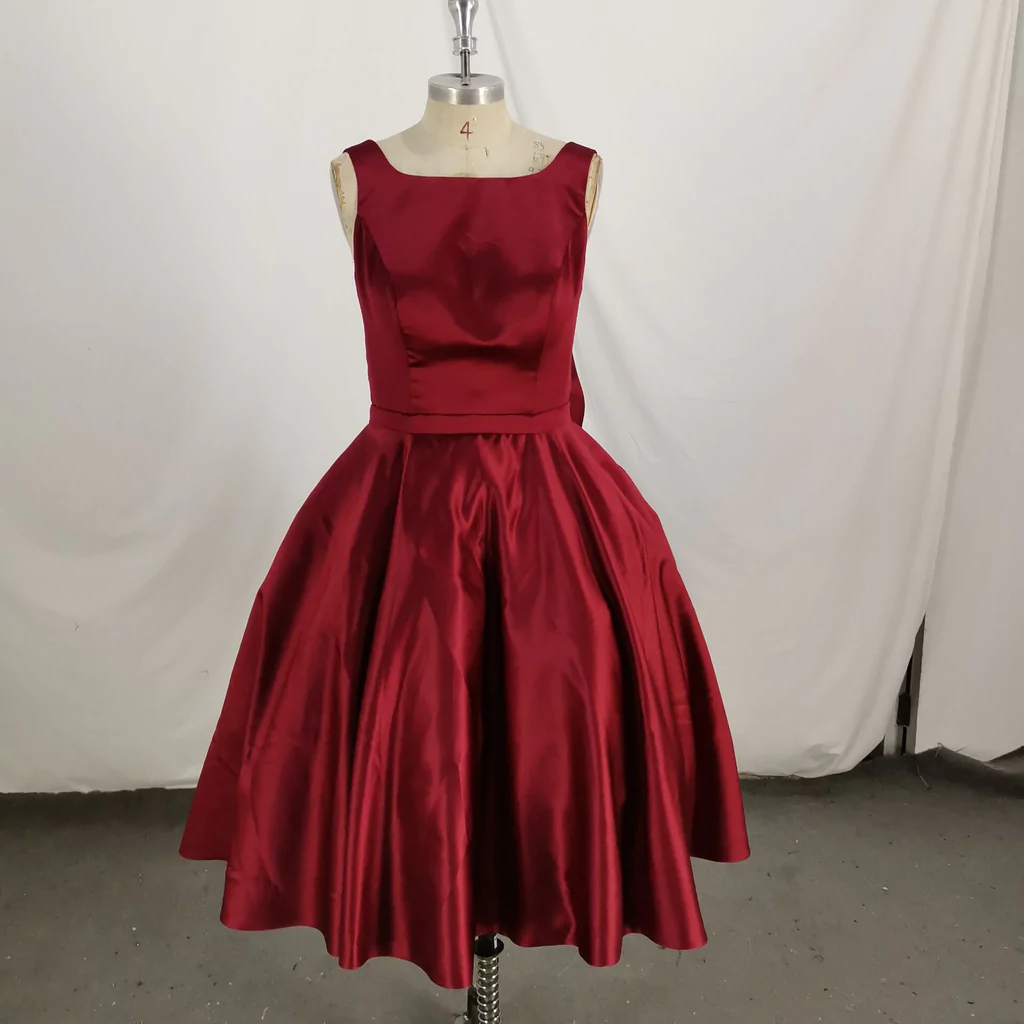 Dark Red Satin Backless Vintage Style Party Dress With Bow, High Quality Handmade Dress  gh509