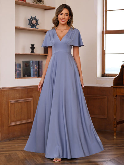 A-Line/Princess V-Neck Short Sleeves Floor-Length Mother of the Bride long Dresses with Ruffles