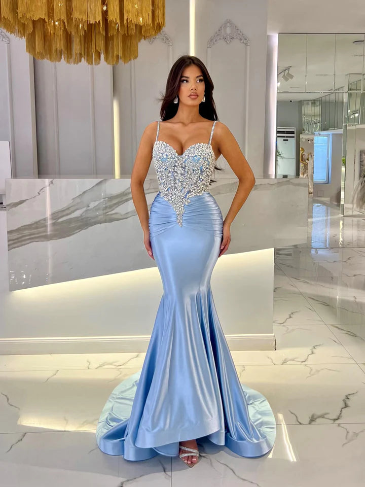 Baby Blue Mermaid Prom Dress Long Sweatheart Sleeveless With Beads YH0076