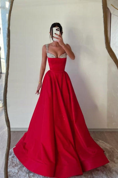 Red Formal A-Line Beaded Double Straps Prom Dress ZT0537