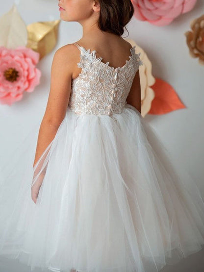 Ball-Gown Tulle Lace V-neck Sleeveless Tea-Length Appliques Lace Flower Girl Dresses