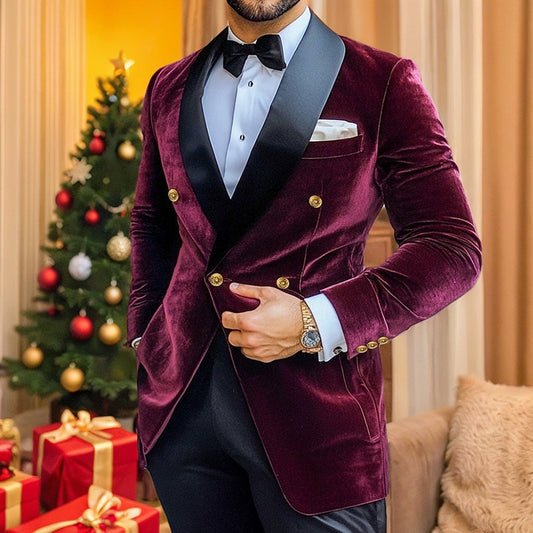 Men's Vintage Party Velvet Patchwork Long Standard Fit Double Breasted Four-buttons Blazer Jacket