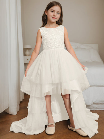 Ball-Gown Scoop Neck Sleeveless Asymmetrical Flower Girl Dress with Bowknot