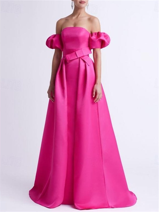 A-Line/Princess Off-the-Shoulder Floor-Length Evening Dresses with Bow(s)