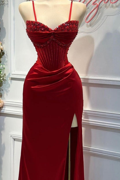 Exquisite Red Spaghetti Strap Patchwork Split Beaded Prom Dress LY0033