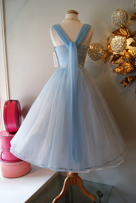 Blue vintage fashion long tulle elegant homecoming dress prom dress evening dress party dress bridesmaid dress gh800