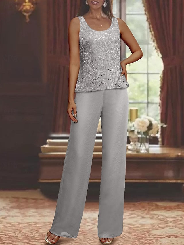 Chiffon Mother of the Bride Pantsuits with Jacket & Sequins