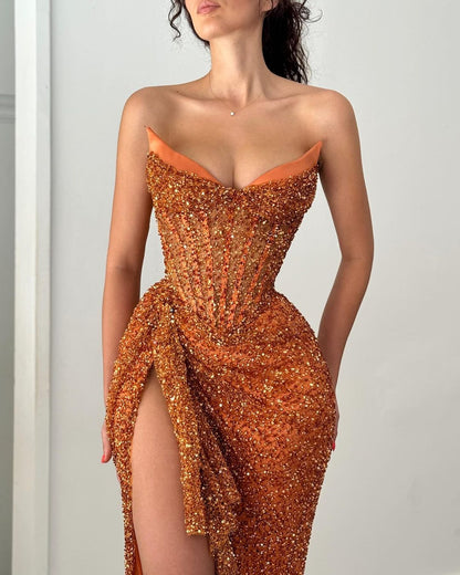 Luxurious Orange Strapless Prom Dress Sequins Split Dress LY0034