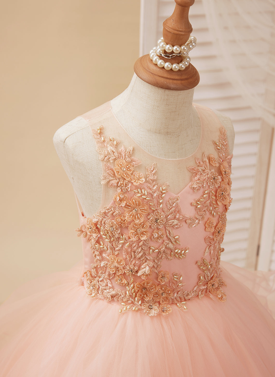 Ball-Gown/Princess Tulle Sweep Train Pink Flower Girl Dress