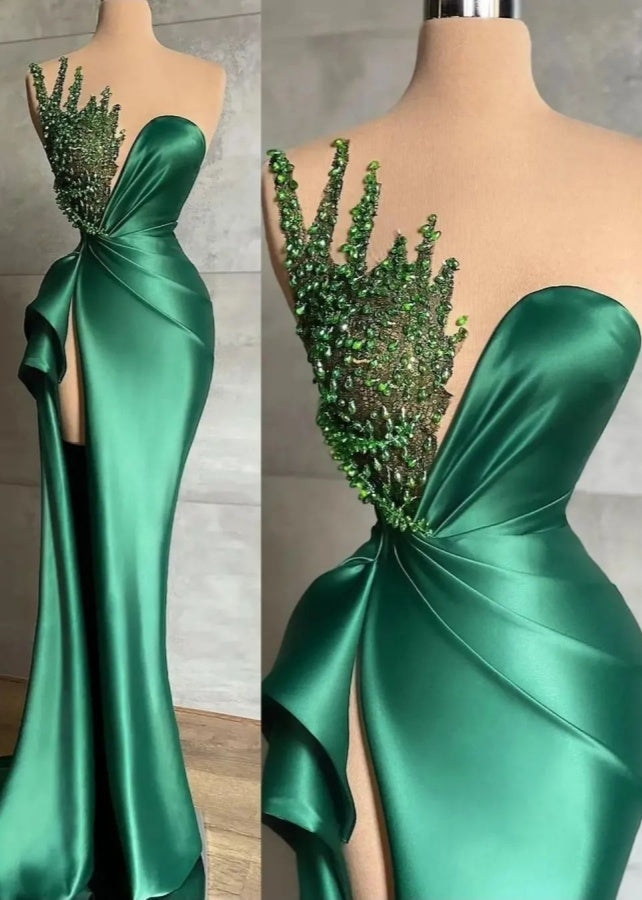 Exquisite Jade Green Beaded High Split Asymmetric Prom Dress LY0032