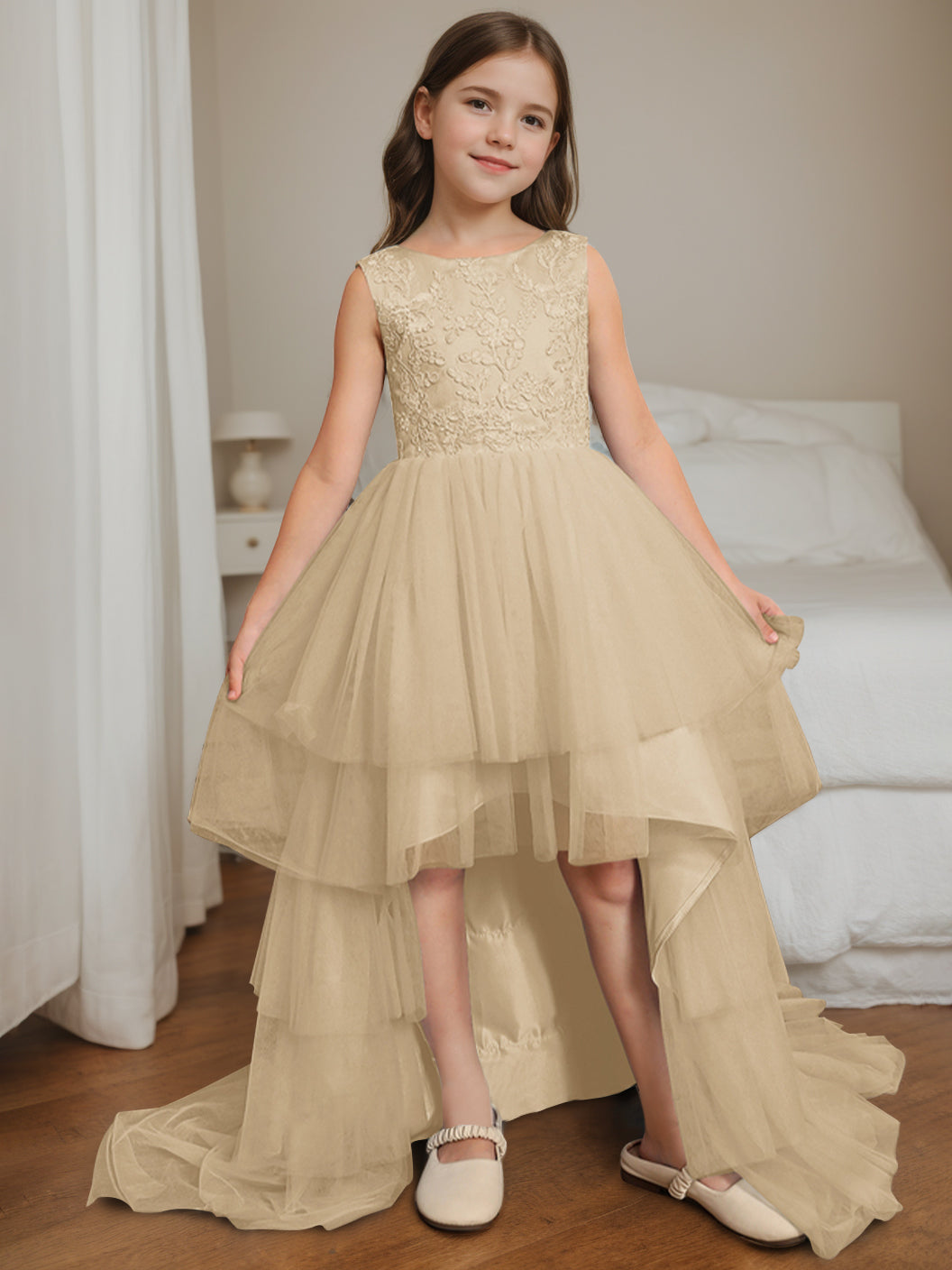 Ball-Gown Scoop Neck Sleeveless Asymmetrical Flower Girl Dress with Bowknot