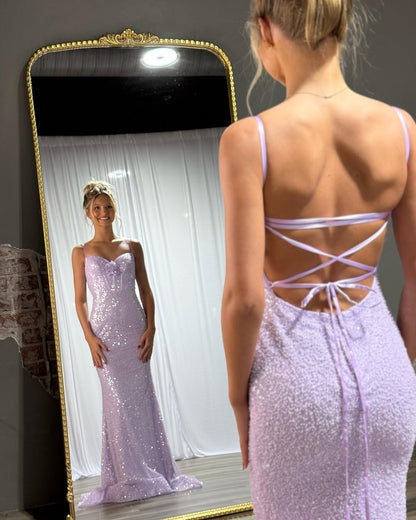 Lilac Beaded Spaghetti-Straps Mermaid Prom Dress ZT0504