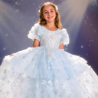 Beading Round Neck Short Sleeves Princess Girl Party Dress with Rhinestone Appliques