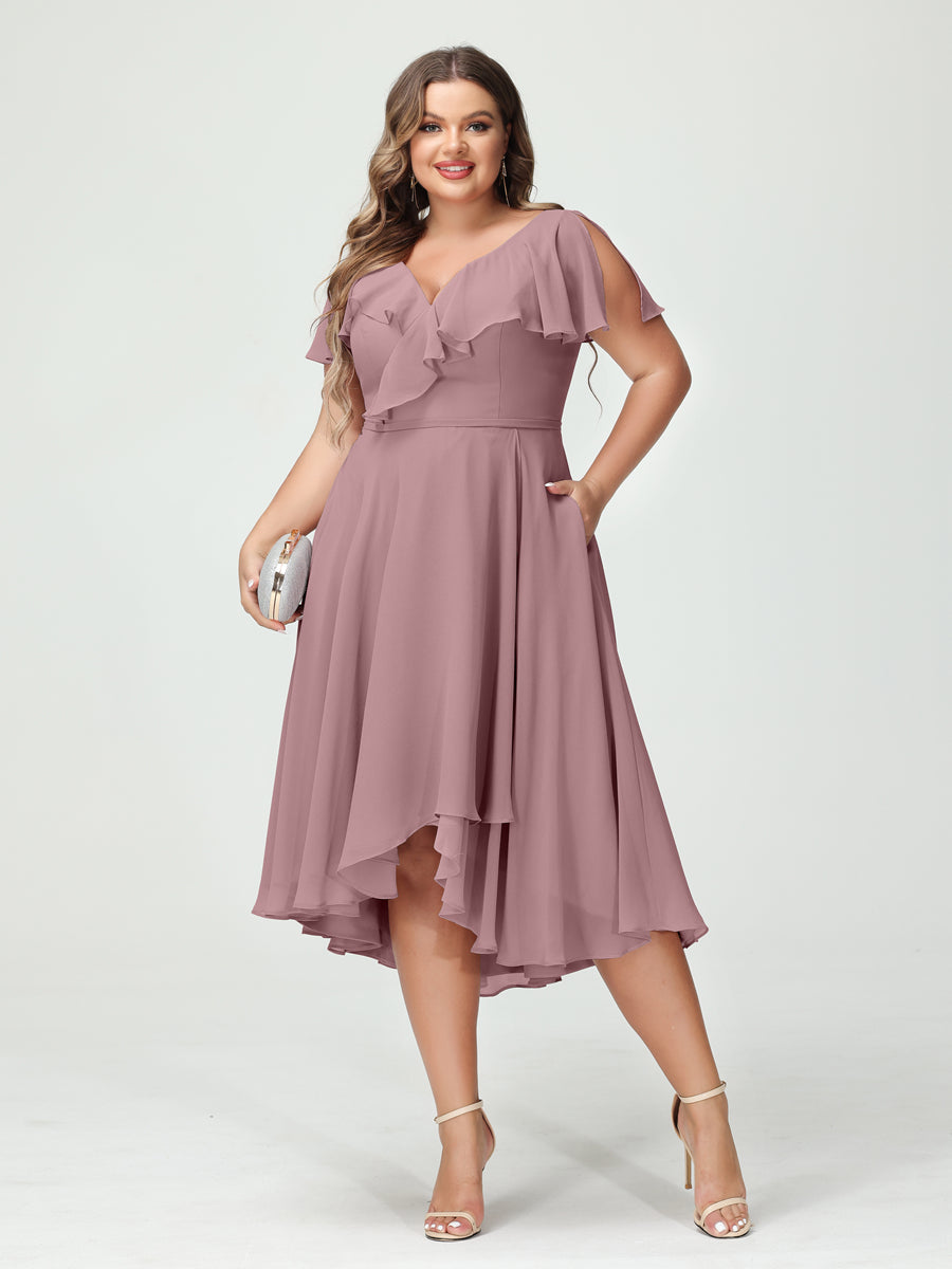 A-Line/Princess V-Neck Short Sleeves Chiffon High-Low Plus Size Bridesmaid Dresses with Pockets & Ruffles