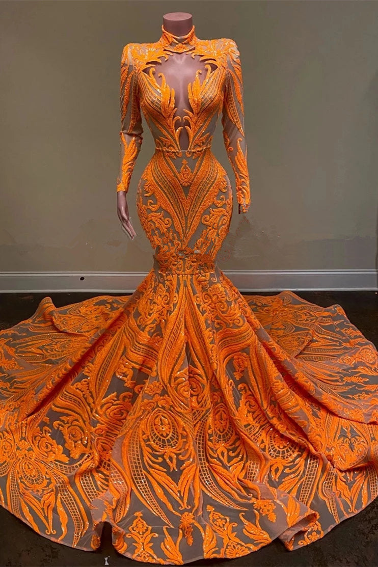 Orange Long Sleeves Mermaid Prom Dress Sequins Lace PD0582