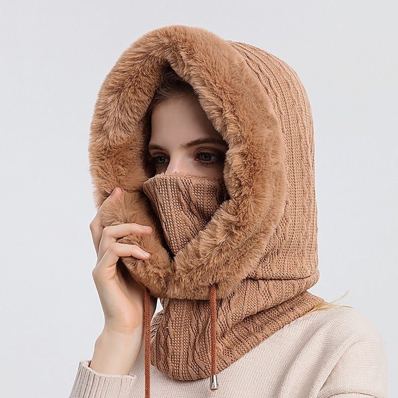 Women's High Quality Winter Hooded Knitted Cashmere Neck Warm Outdoor Ski Windproof Hat Thick Plush Fur Cap Mask Set