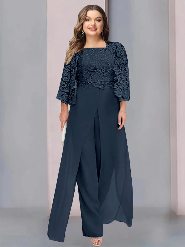 Chiffon Square Neck Floor-Length Plus Size Mother of the Bride Pantsuits with Jacket & Split Side