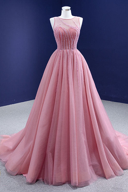 Edgynewlook Gorgeous Pink A-line Prom Dress Tulle With Sleeveless Beadings On Sale