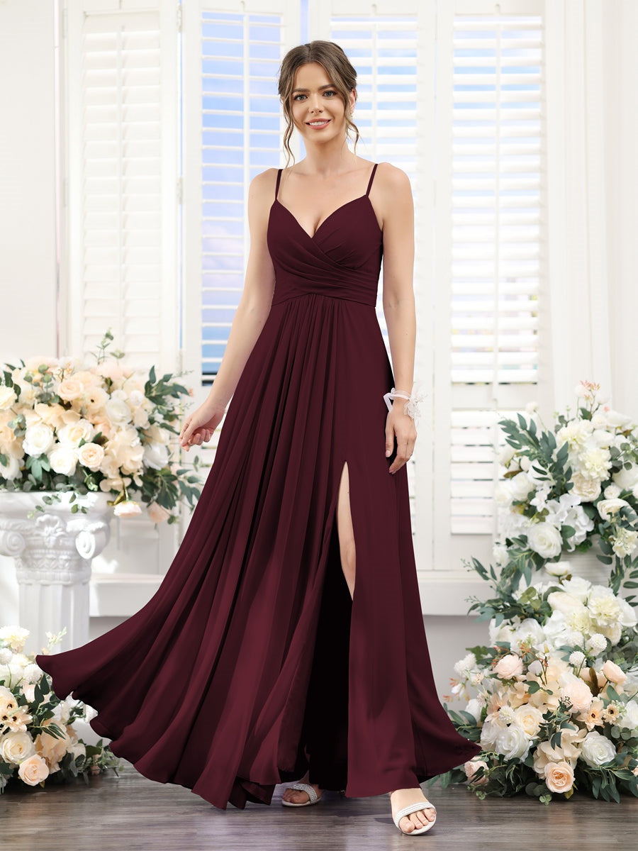 A-Line/Princess V-Neck Spaghetti Straps Sleeveless Floor-Length Chiffon Bridesmaid Dresses with Split Side