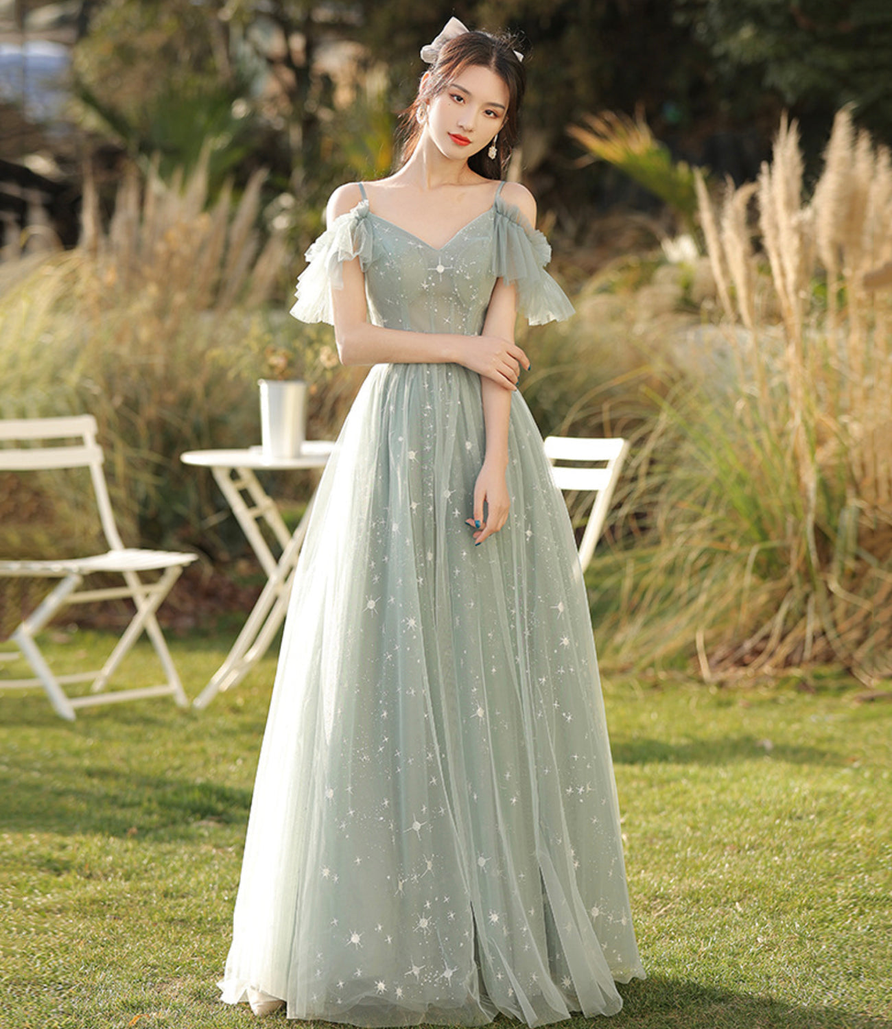 Green tulle long A line prom dress bridesmaid dress  8886