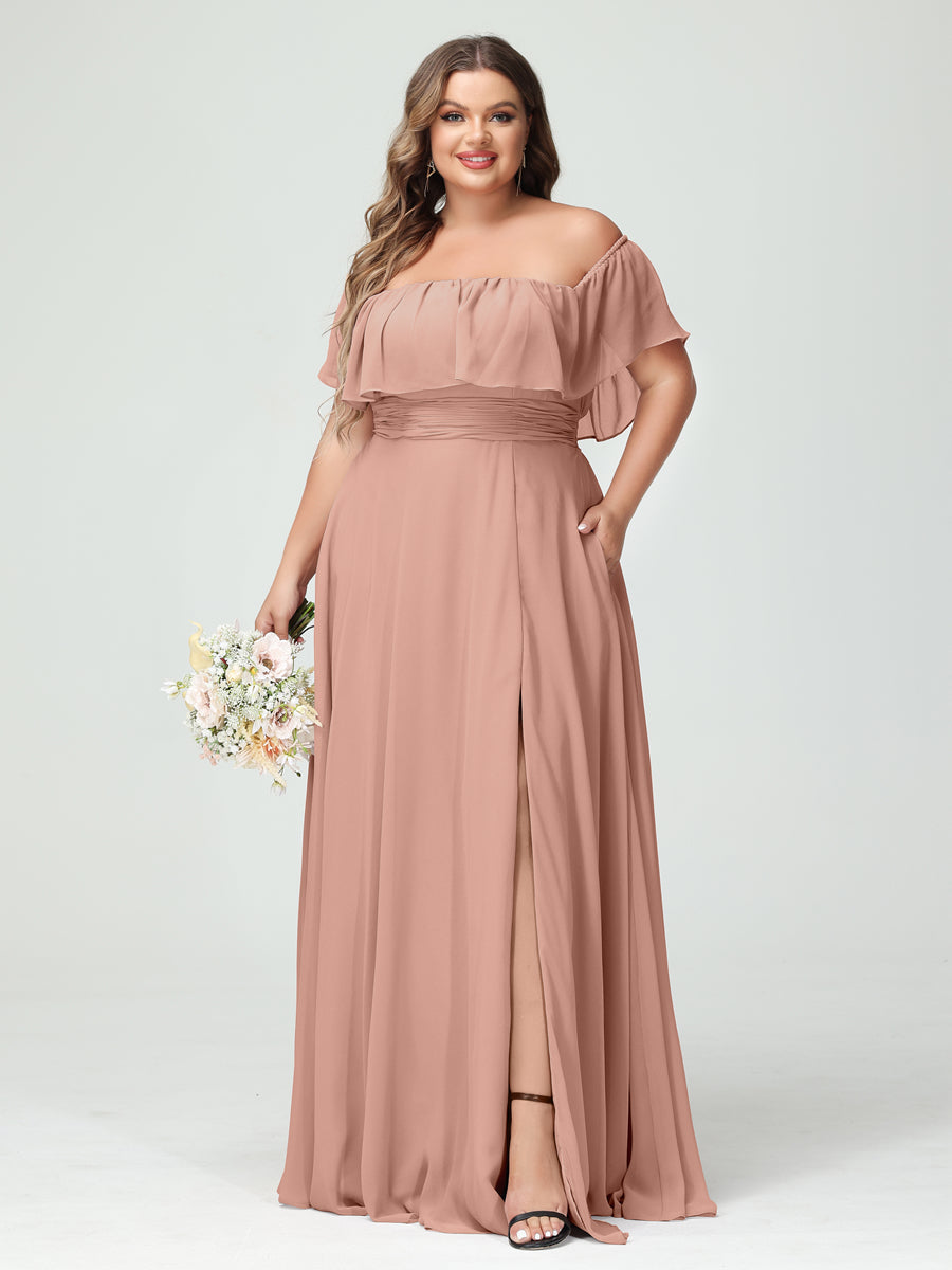 A-Line/Princess Off-the-Shoulder Short Sleeves Chiffon Plus Size Bridesmaid Dresses with Pockets & Split Side