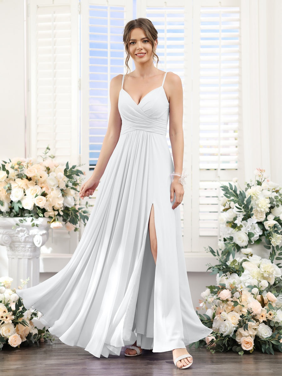 A-Line/Princess V-Neck Spaghetti Straps Sleeveless Floor-Length Chiffon Bridesmaid Dresses with Split Side