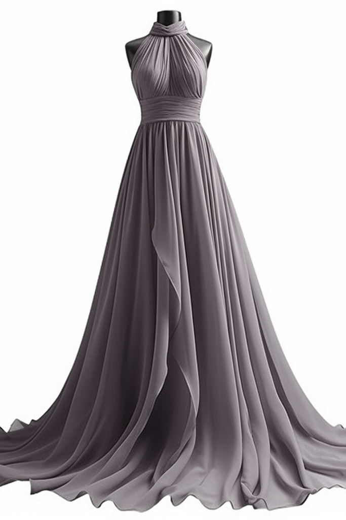 Chiffon Prom Dress Halter Purple Sleeveless Long Pleated XF09