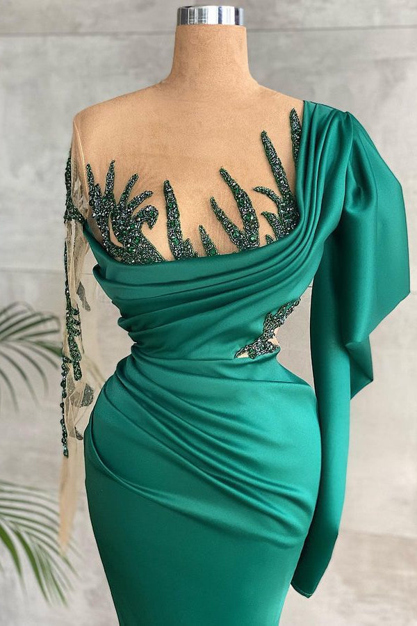 Green Beadings Prom Dress Pleated Long Sleeves With Ruffles ED0611