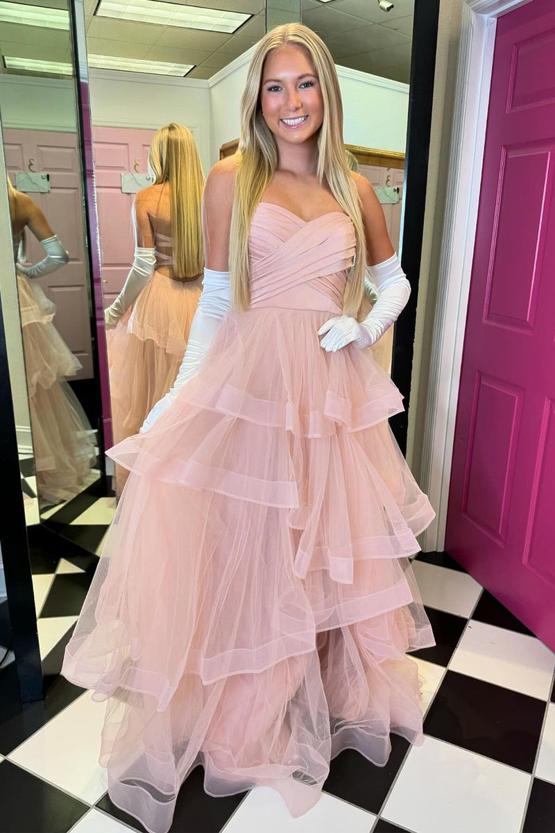 Stacia | A-Line Strapless Blush Pink Ruffle Tiered Tulle Long Prom Dresses