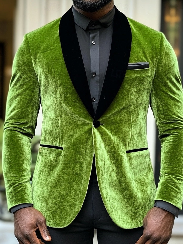 Green Men's Velvet Solid Colored Standard Fit Single Breasted One-button Blazer Jacket