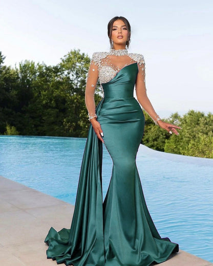 edgynewlook Chic Long Sleeves  Beaded Stain Mermaid Prom Dress with Ruffles