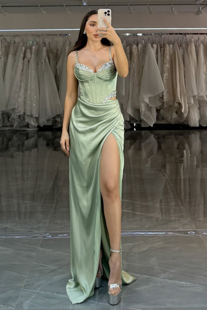 Light Green Spaghetti-Straps Sequins Split Pleated Prom Dress ZT0588