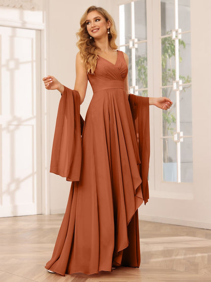 A-Line/Princess V-Neck Sleeveless Floor-Length Asymmetrical Bridesmaid Dresses with Ruffles