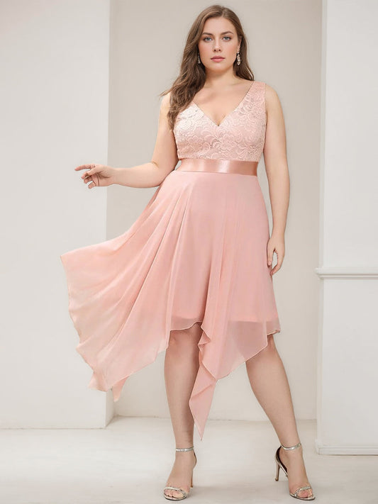 A-Line/Princess V-Neck Sleeveless Asymmetrical Plus Size Bridesmaid Dresses with Lace & Appliques