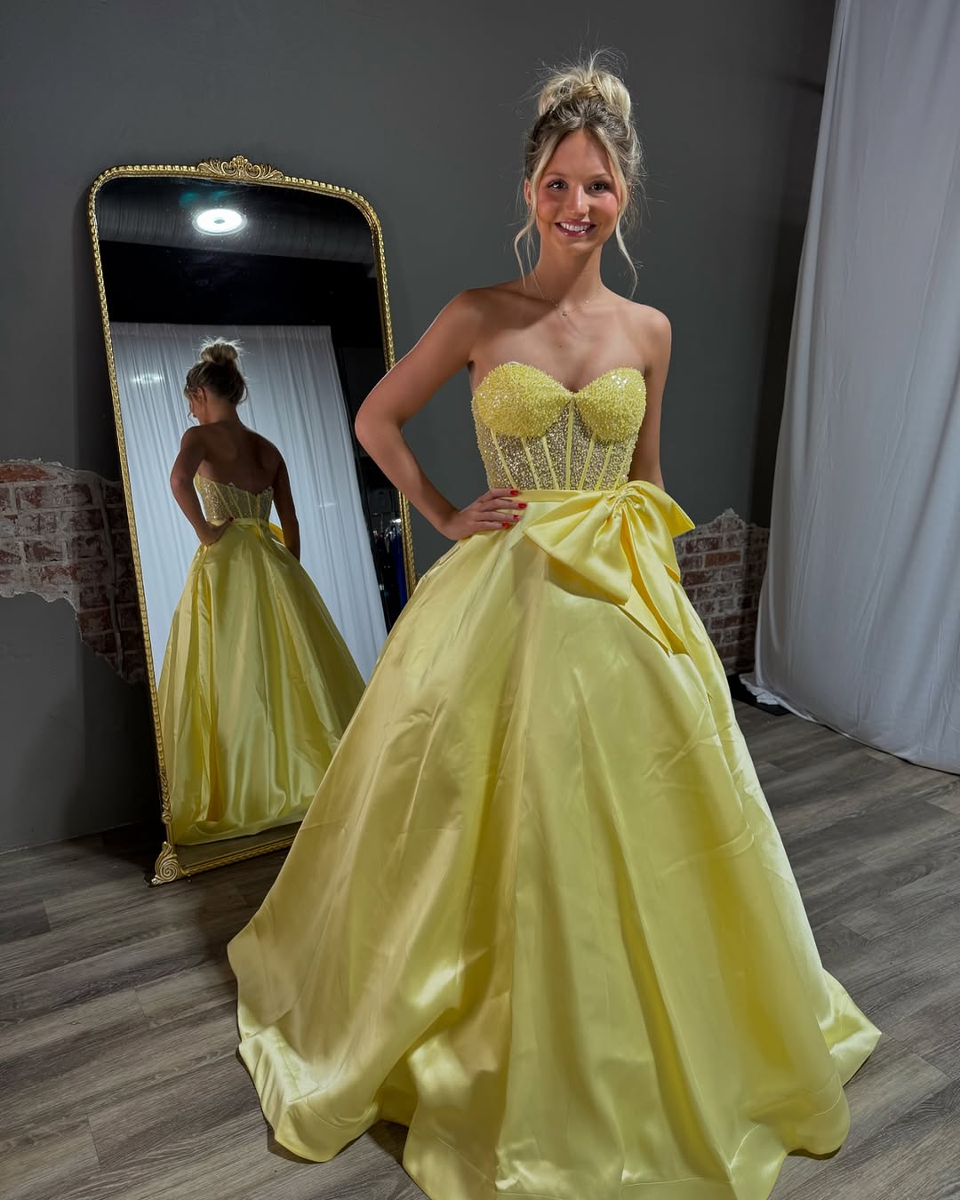 Yellow Sweetheart Sequins Strapless Bow-knot Prom Dress ZT0502