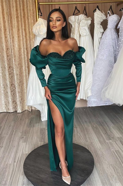 Gorgeous Emerald evening dress prom dress long sleeves Bubble Sleeves Sweetheart with Sequins ED0563