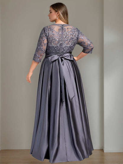 A-Line/Princess Scoop 3/4 Length Sleeves Floor-Length Plus Size Mother of the Bride Dresses with Bow & Sequins