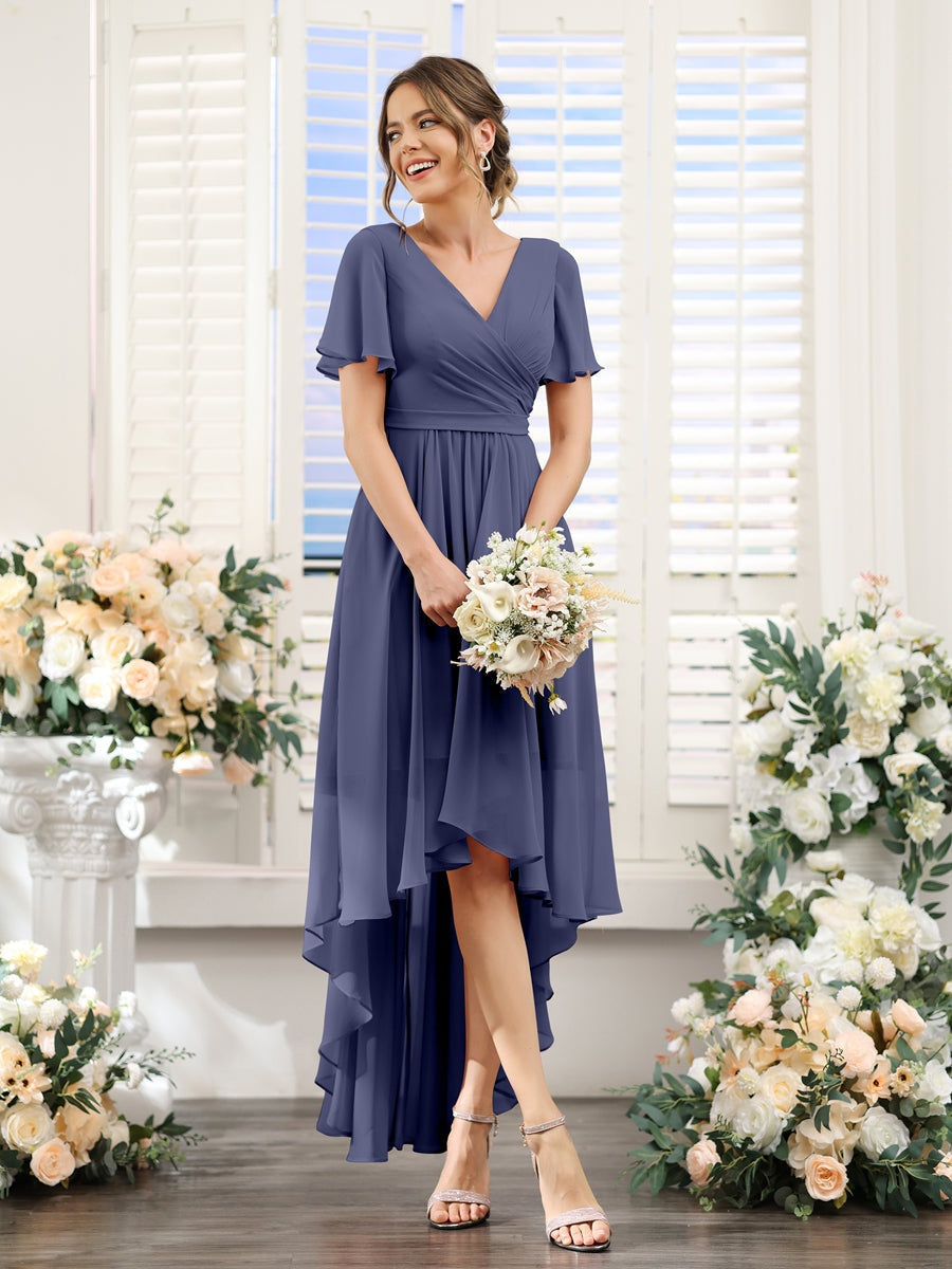 A-Line/Princess V-Neck Short Sleeves Asymmetrical Chiffon Bridesmaid Dresses with Ruched