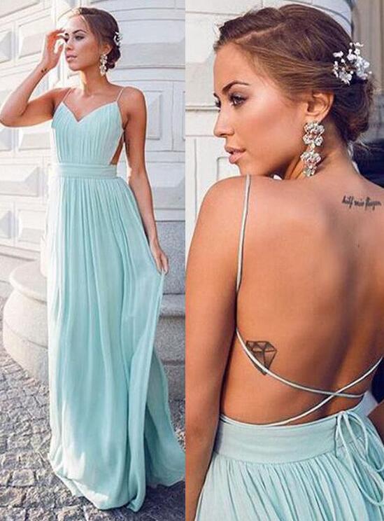 Mint Spaghetti-Straps Long Chiffon Prom Dress PD0556