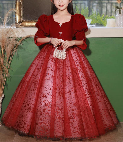 A-Line/Princess V-Neck Long Sleeves Floor Length Girl Red Party Dress